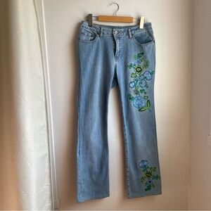 Votre Nom Pale Blue Bootcut Jeans with Embroidered Flowers